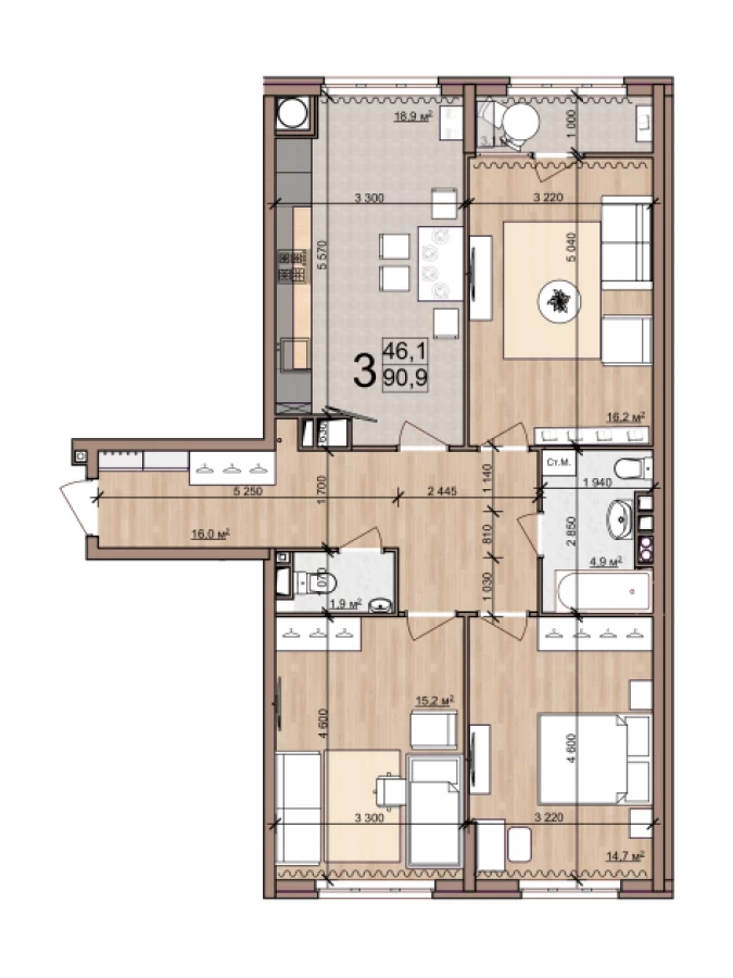 3-х комнатная квартира площадью 101.6м2